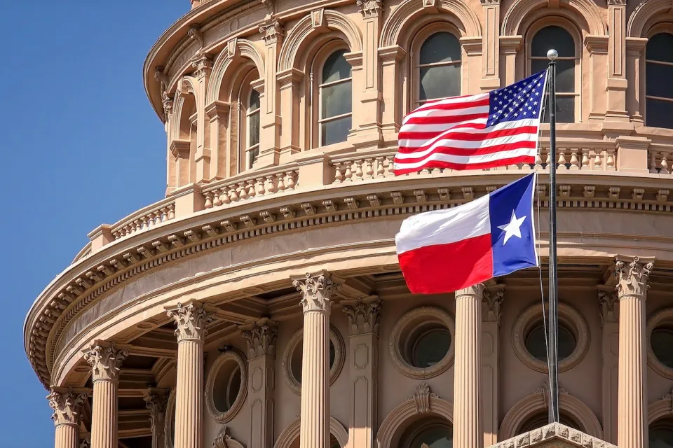 US and Texas flags flying in front of Texas state capitol dome in Austin, Texas.